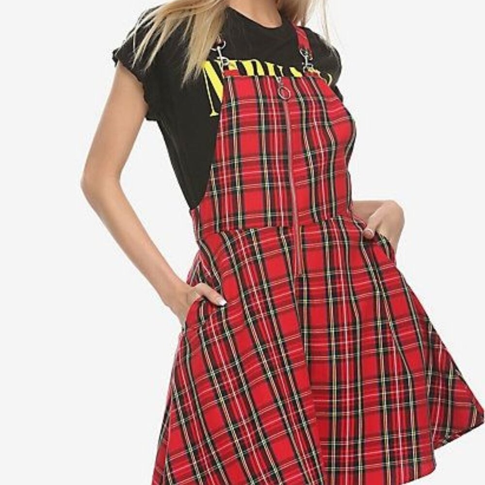 New With Tags Hot Topic Red Plaid O-Ring Skirtall Skirt Dress Overalls Size S